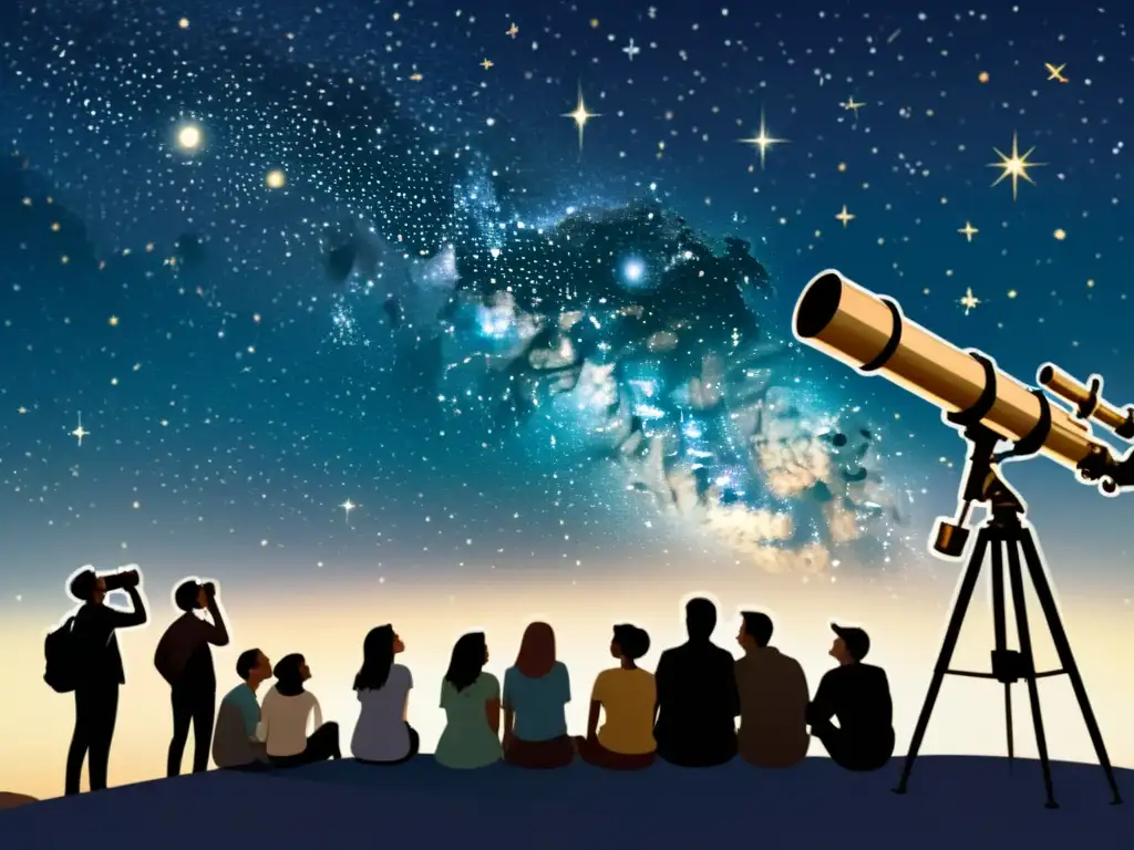 Un grupo de personas observa maravillado el cielo estrellado, en un taller creativo de astronomía y arte