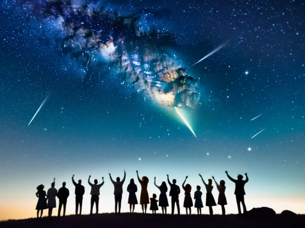 Un grupo de personas observa maravillado un cometa brillante surcando el cielo estrellado