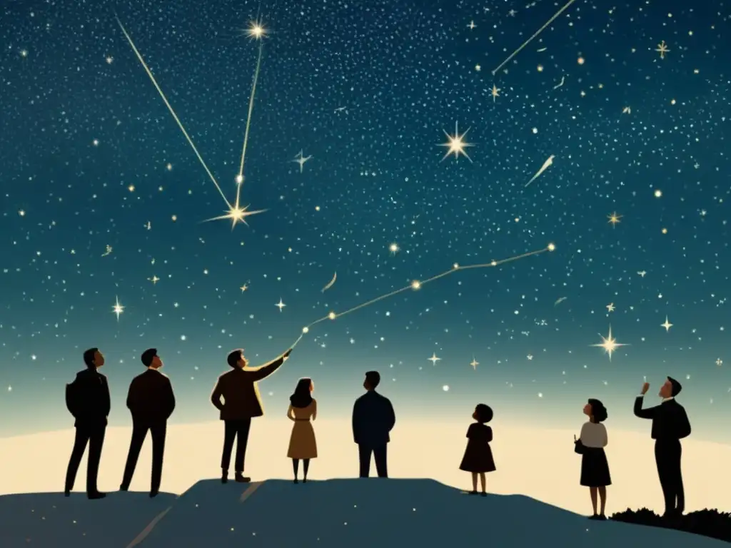 Grupo de personas observando maravillados el cielo estrellado, con constelaciones brillando