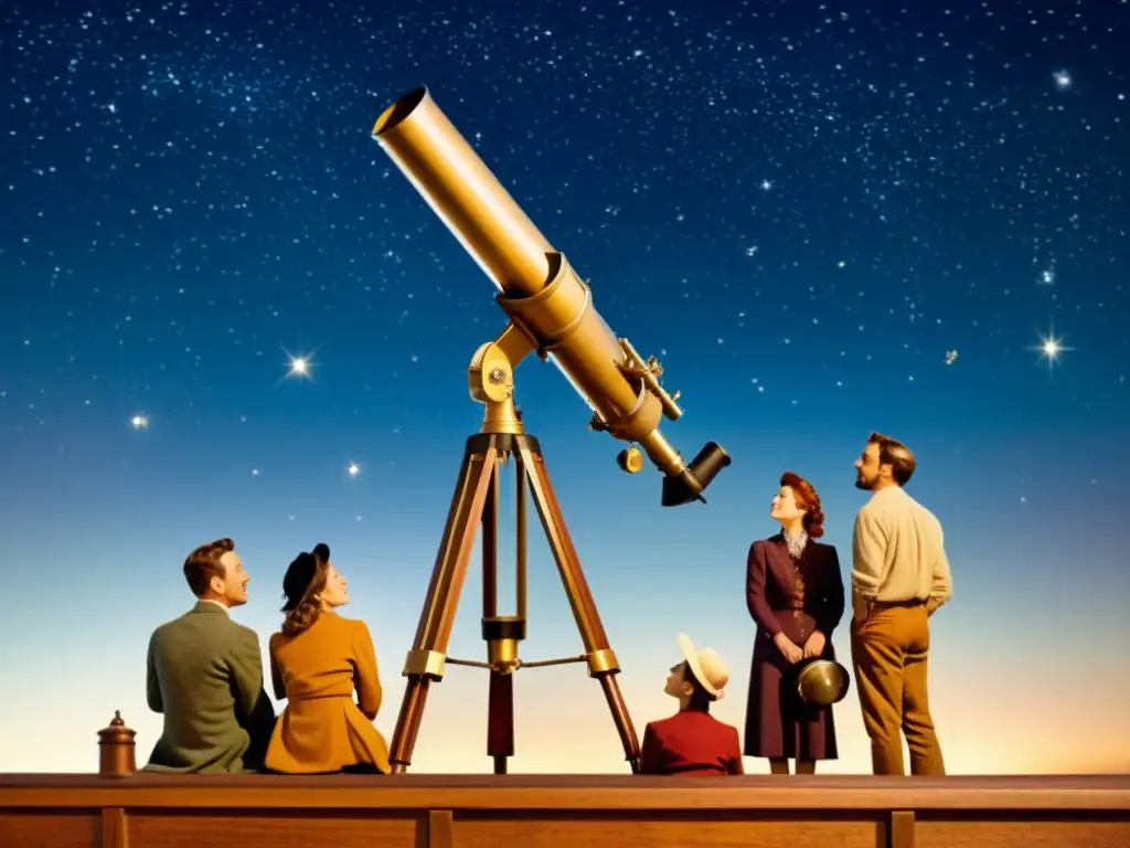 Un grupo de personas observa el movimiento celestial a través de un telescopio vintage