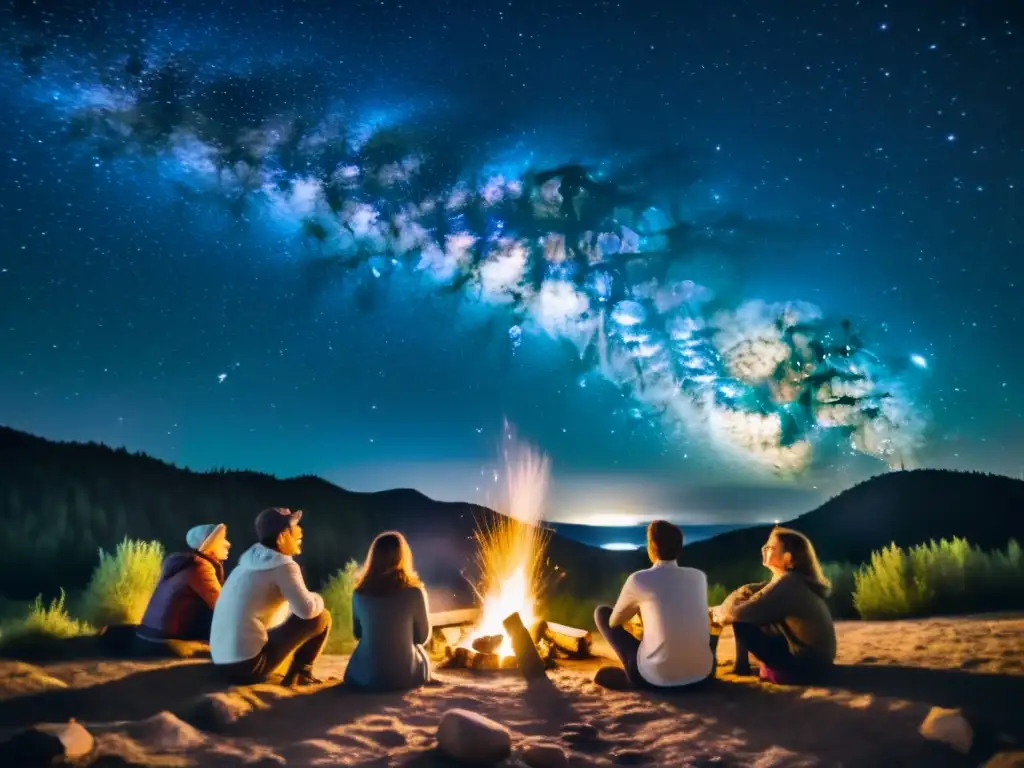 Un grupo de personas reunidas alrededor de una fogata bajo un cielo estrellado, con la Vía Láctea brillando