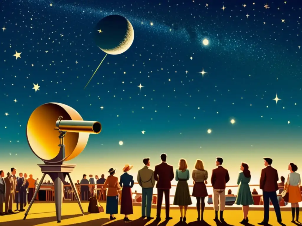 Grupo de personas disfrutando de talleres prácticos de astronomía en una feria, observando el cielo estrellado y la luna con un telescopio vintage