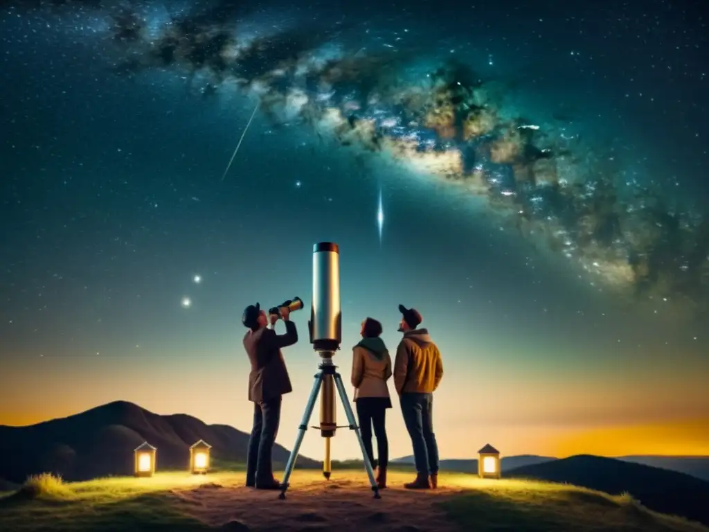 Un grupo de personas se reúne alrededor de un telescopio bajo un cielo estrellado, evocando la nostalgia de los eventos de observación de estrellas