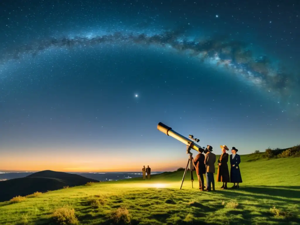 Un grupo de personas se reúnen alrededor de un telescopio en una colina, observando el cielo estrellado con asombro