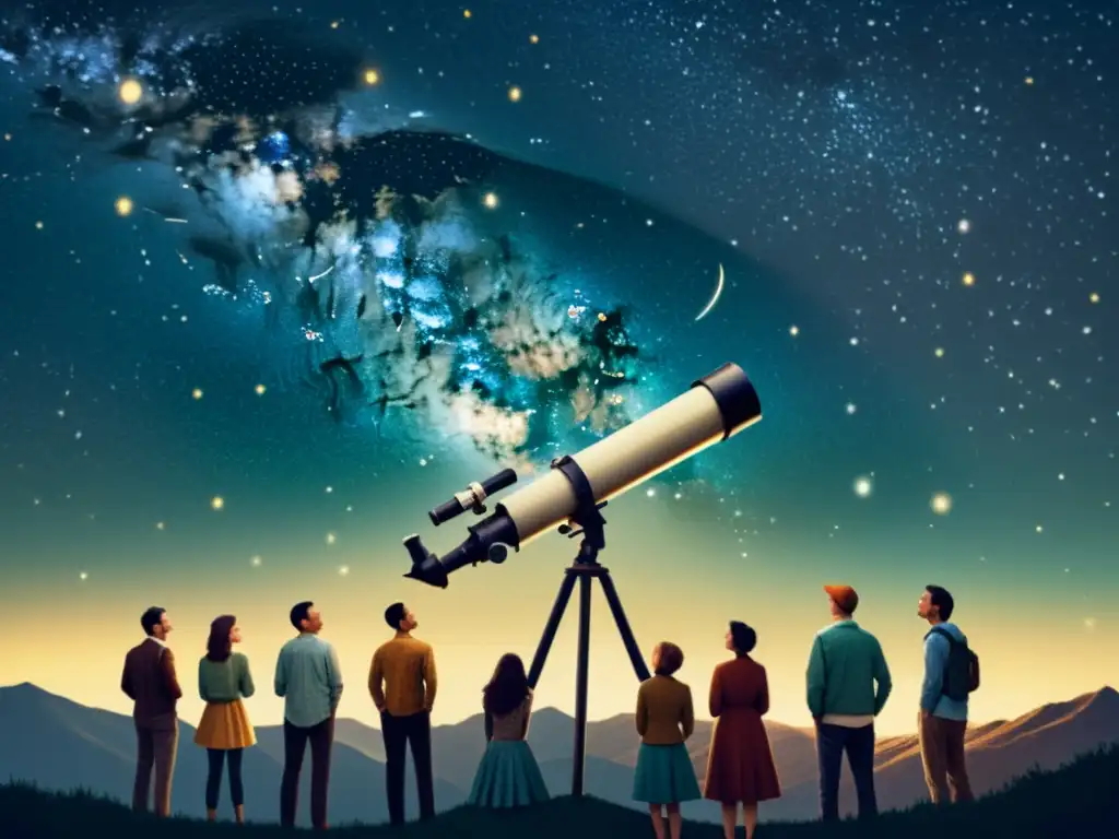 Un grupo de personas se reúne alrededor de un telescopio, maravillados por el cielo estrellado en una ilustración vintage de alta resolución