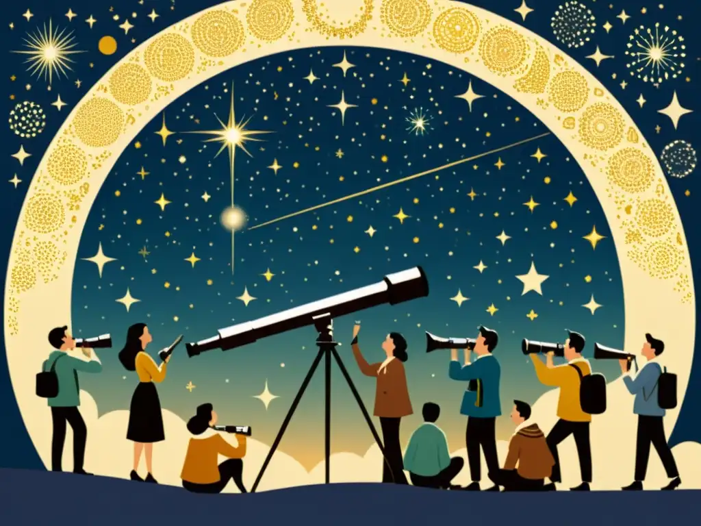 Un grupo de personas mira a través de un telescopio hacia el cielo estrellado, con un ambiente nostálgico y de asombro