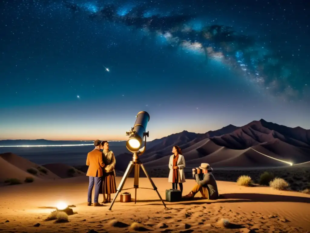 Un grupo de personas vestidas de época observa con asombro a través de un telescopio vintage en el desierto bajo un cielo estrellado