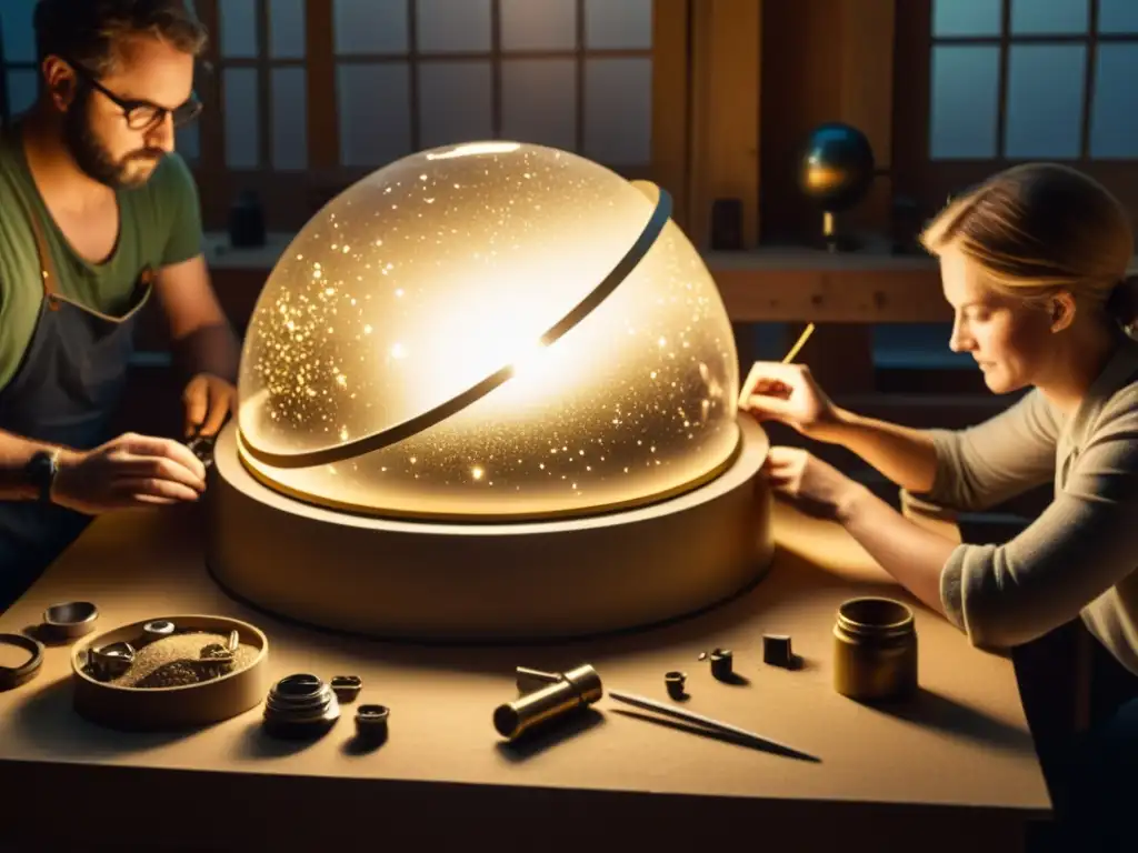 Construcción nostálgica del planetario casero en taller Un grupo construye un planetario casero paso a paso en un taller tenue con luz dorada