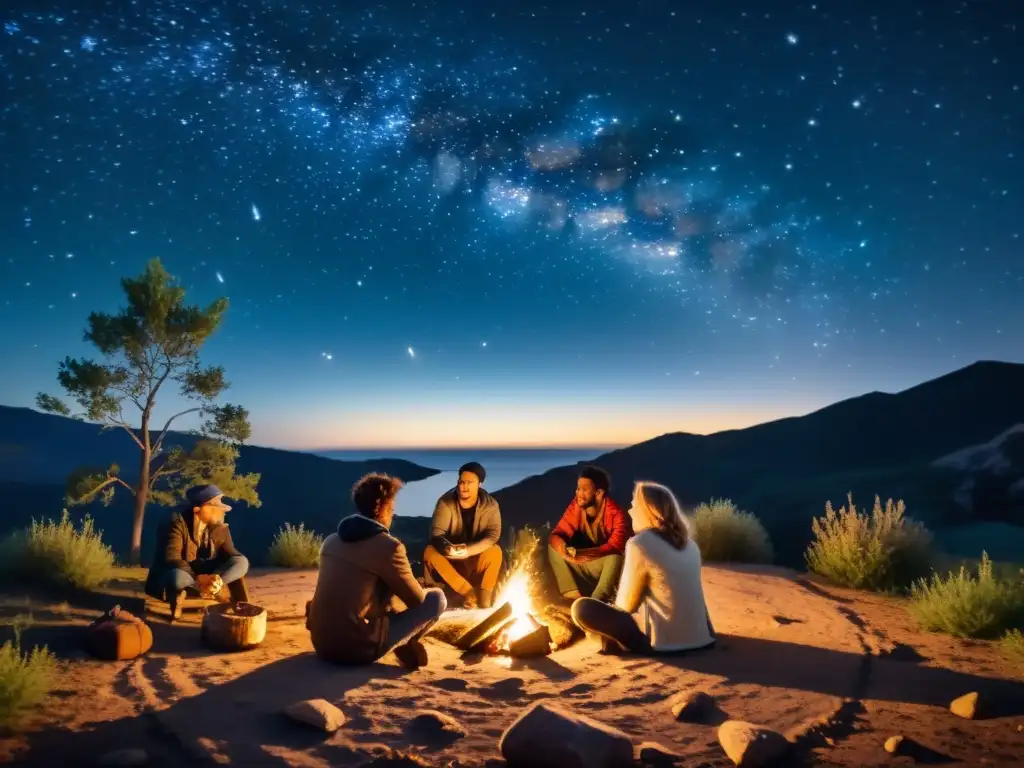 Un grupo de poetas escribiendo bajo constelaciones, iluminados por el cálido fuego nocturno