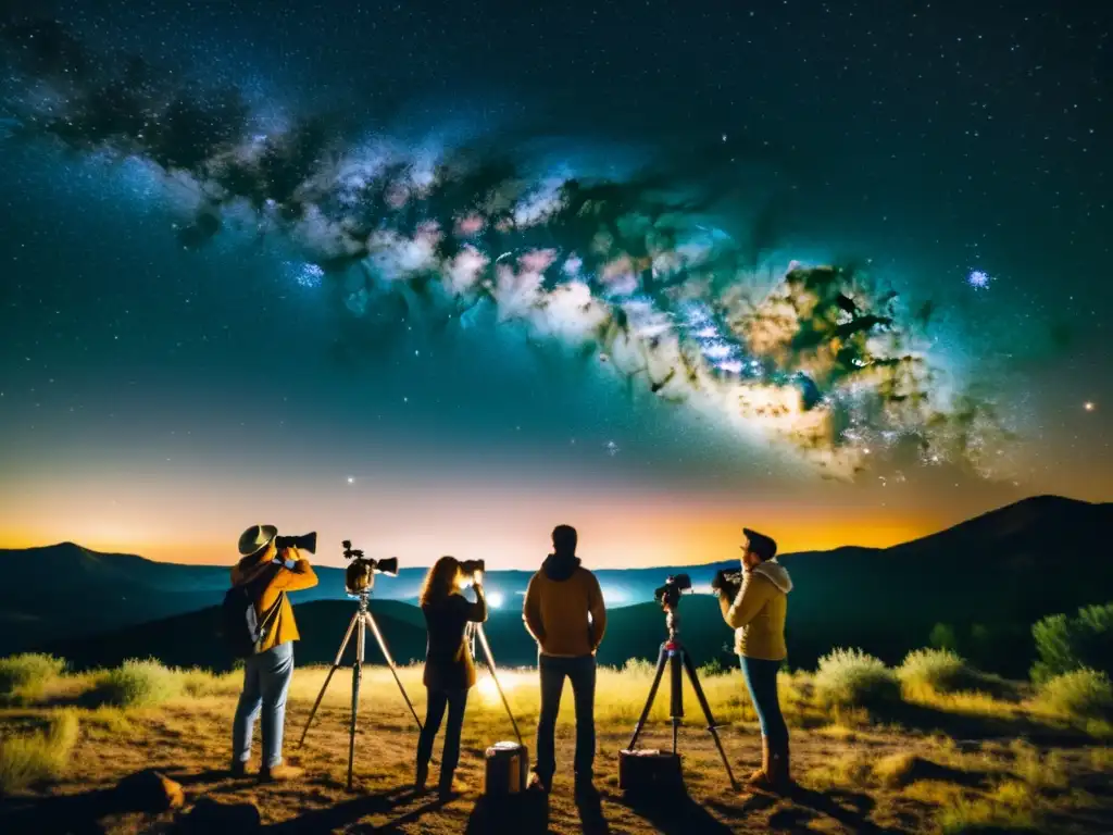 Grupo de principiantes en un taller de astrofotografía, maravillados observando la Vía Láctea en una noche estrellada