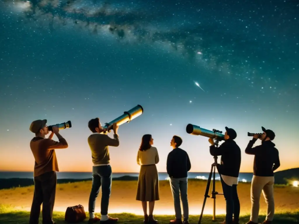 Un grupo de principiantes se reúne alrededor de un telescopio bajo un cielo estrellado en un taller de astrofotografía para principiantes