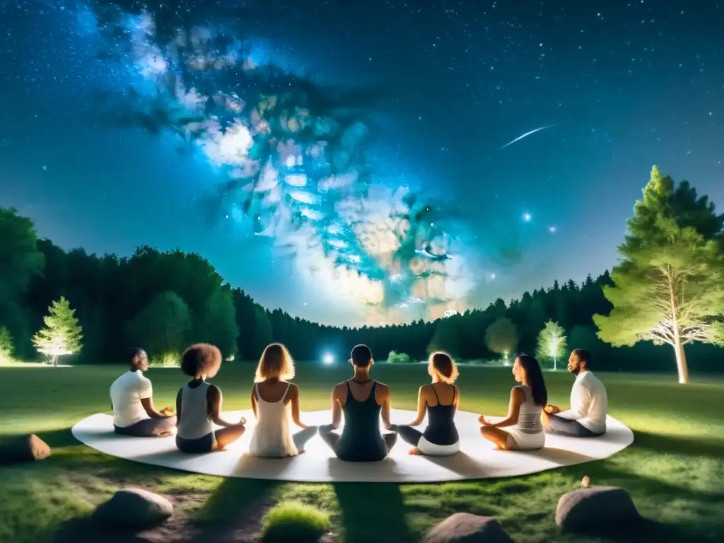 Grupo meditando bajo la Vía Láctea en un retiro astronómico al aire libre