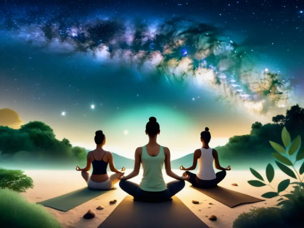 Grupo en retiros astronómicos vía láctea meditación, practicando yoga bajo la noche estrellada