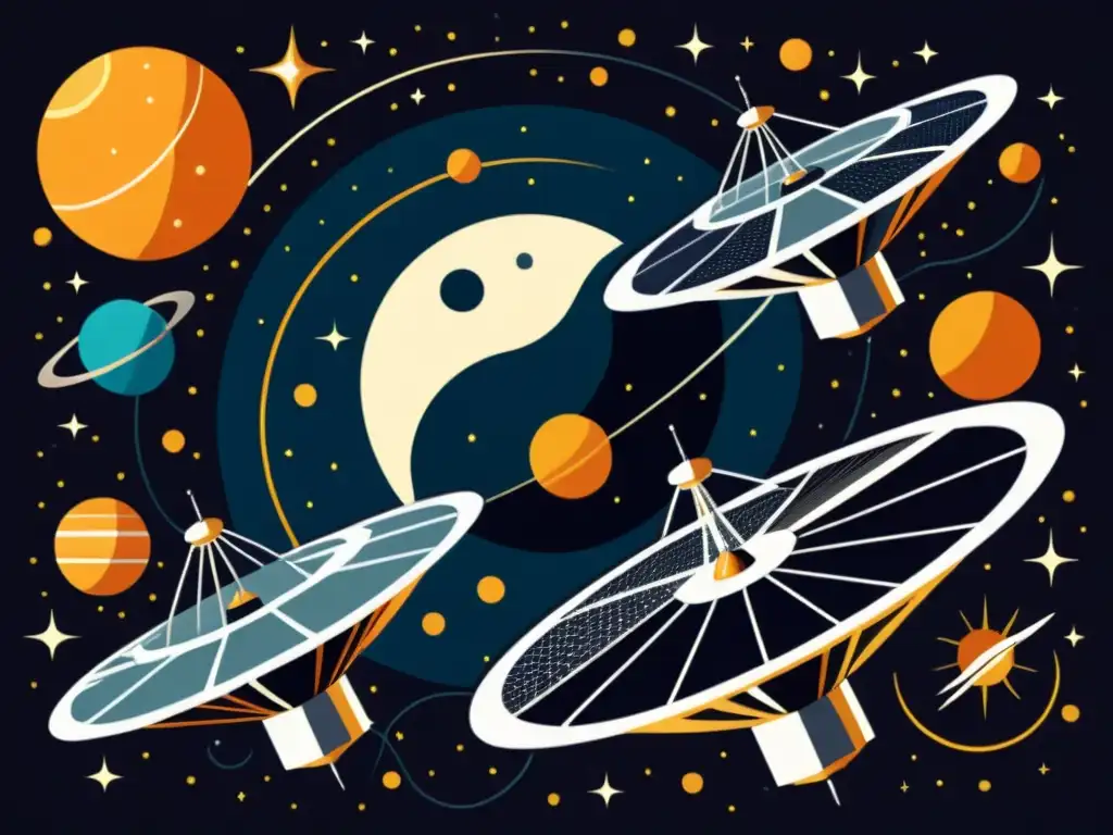 Un grupo de satélites futuristas orbita la Tierra en una ilustración vintage