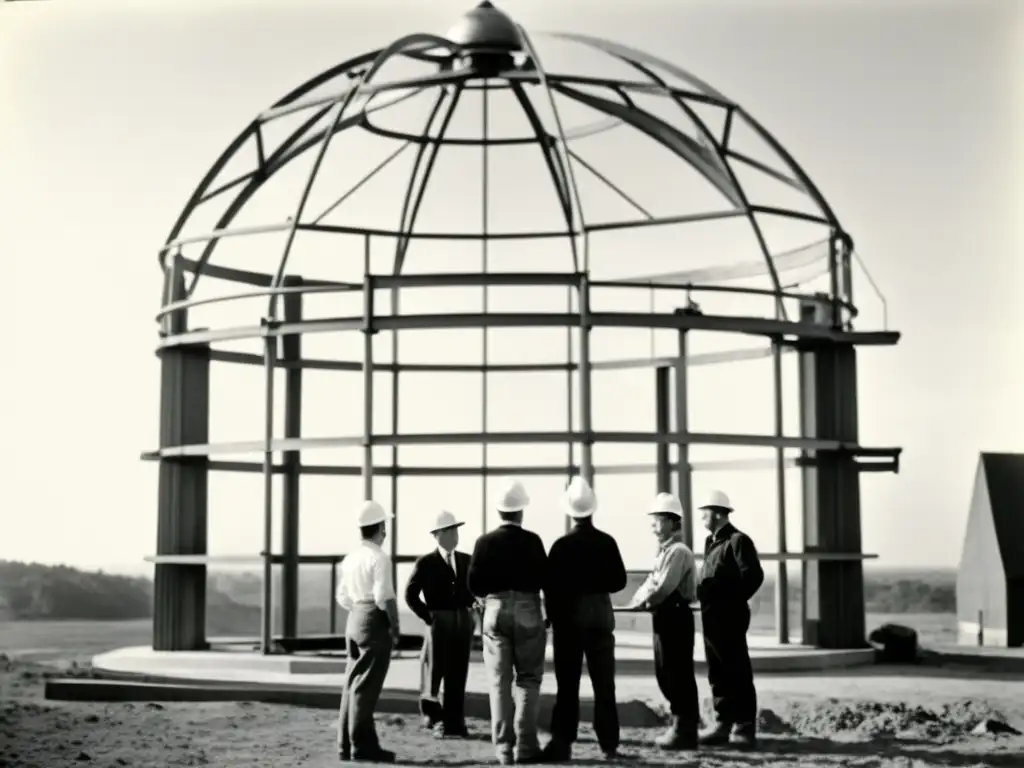 Grupo de trabajadores con cascos y overoles construyendo observatorio astronómico casero, mostrando determinación y espíritu de equipo