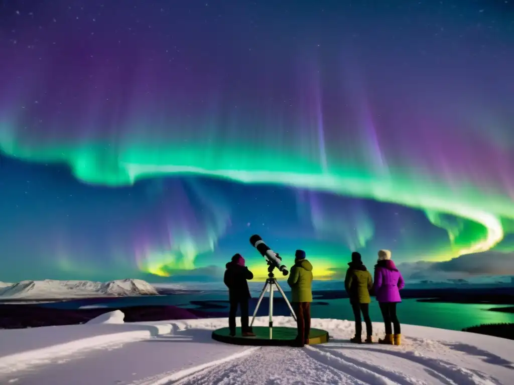 Un grupo de turistas maravillados observa las auroras boreales en el Círculo Ártico, creando experiencias noches polares círculo ártico