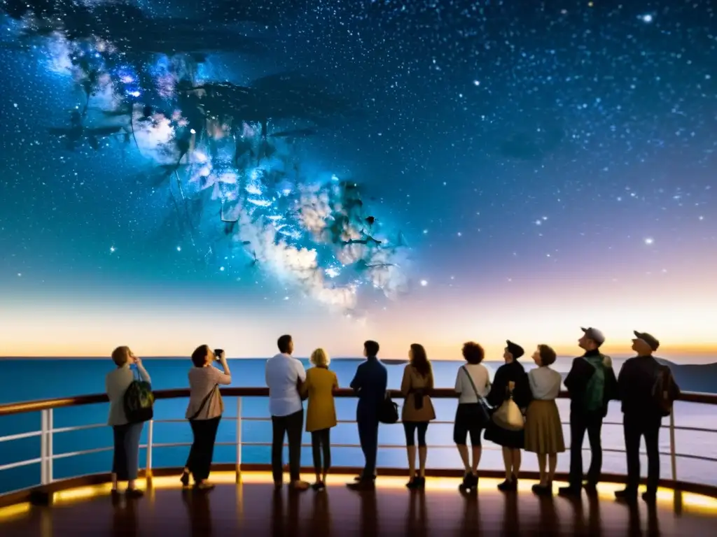 Grupo de turistas maravillados observando el cielo estrellado desde un crucero para aficionados de la astronomía