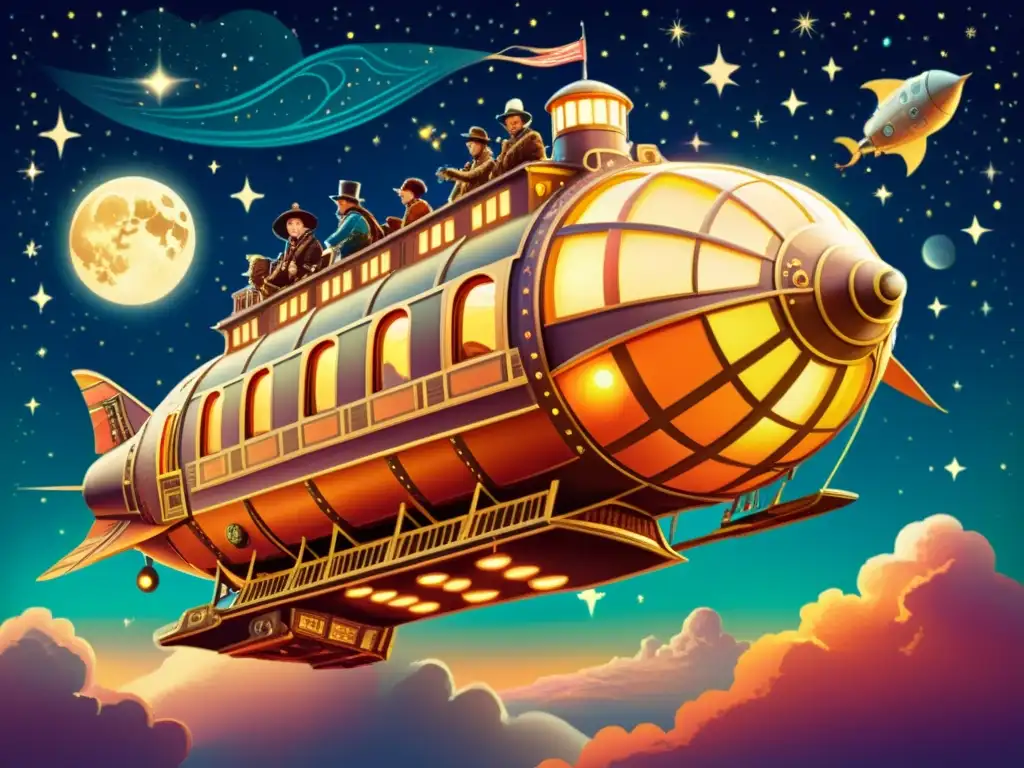 Un grupo de viajeros disfruta de viajes literarios a través de la Vía Láctea en una nave steampunk en una noche estrellada