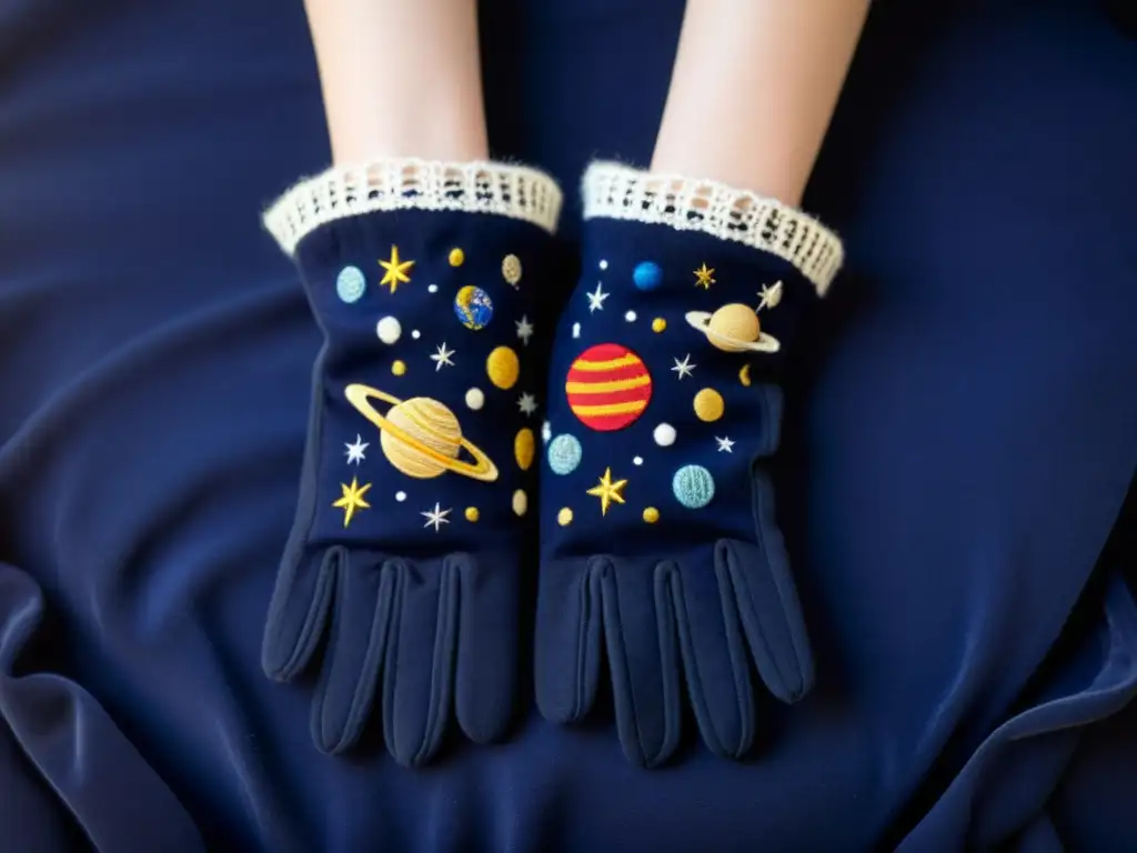 Guantes vintage bordados con el sistema solar en un fondo estrellado, evocando elegancia y maravilla cósmica