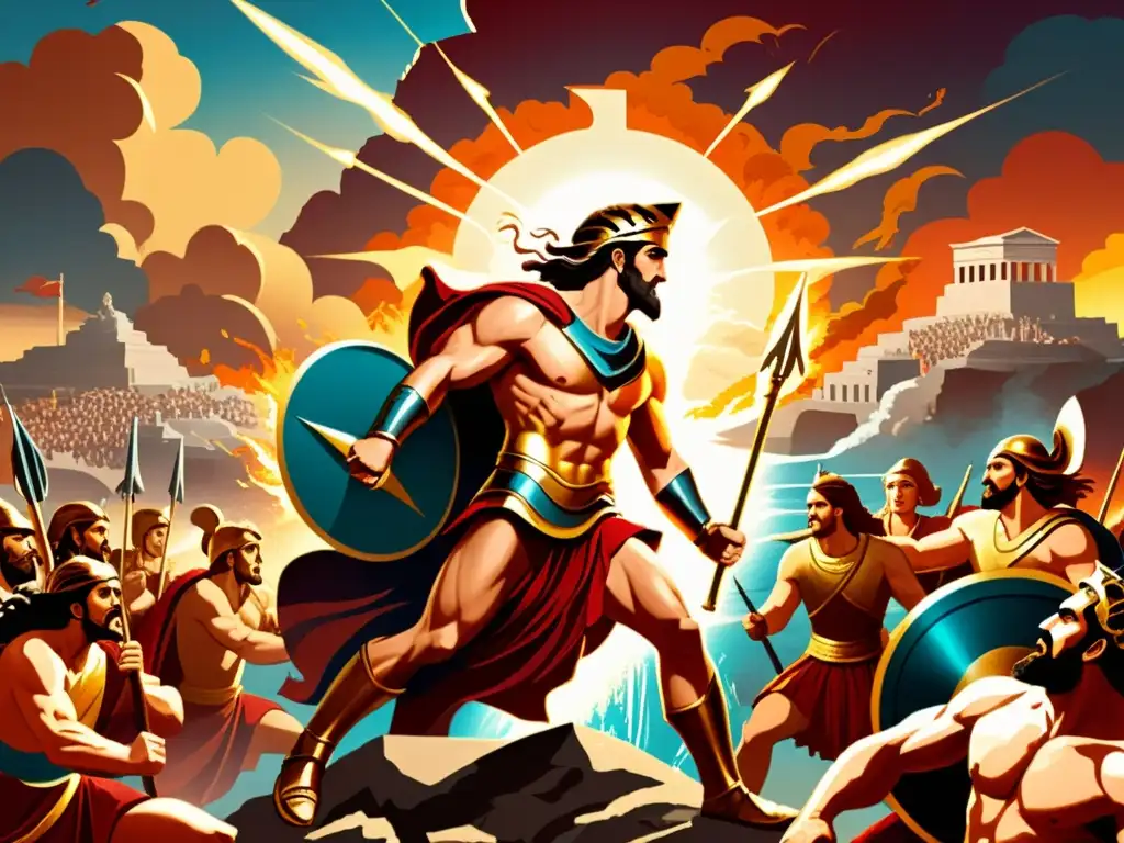 Épica ilustración vintage de la Guerra de Troya mitología estrellas con los dioses griegos en el campo de batalla, Zeus, Atenea y Afrodita, rodeados de caos y drama