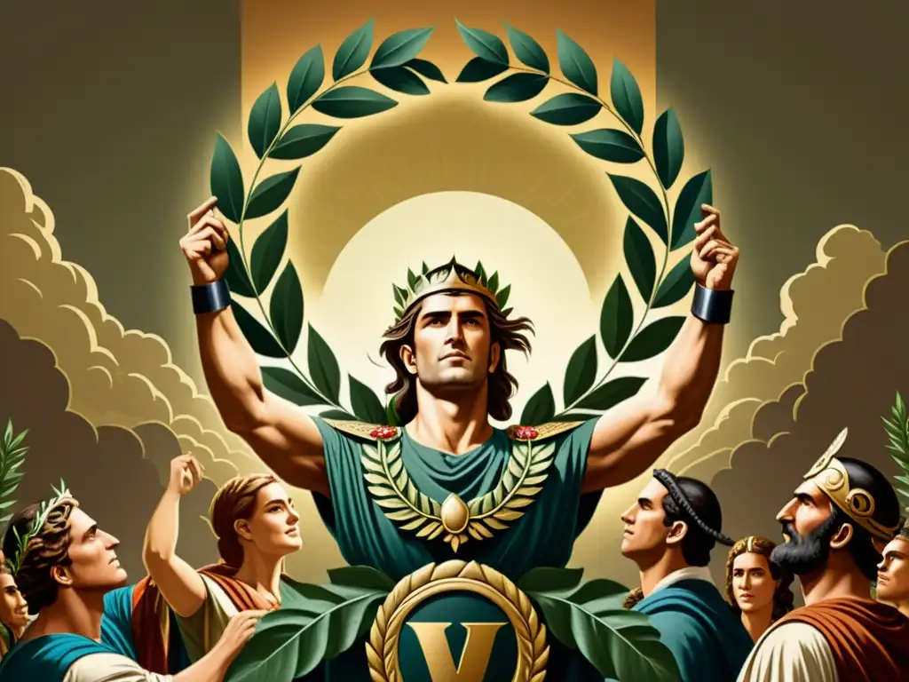 Un guerrero victorioso recibe una corona de laurel, simbolismo del laurel en mitología, en una ilustración vintage épica