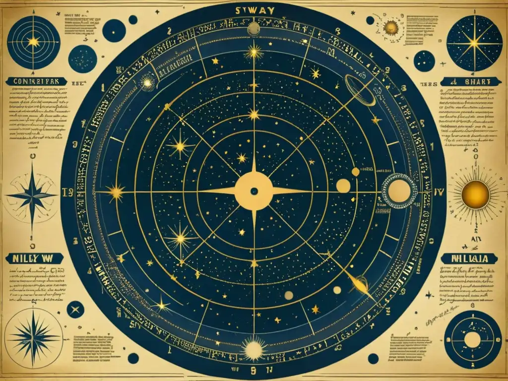 Guía detallada estrellas constelaciones en un mapa estelar vintage, evocando nostalgia y maravilla celeste en tonos sepia envejecidos