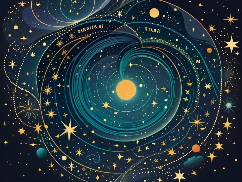 Guía ilustrada de constelaciones detalladas: Intrincada ilustración vintage del cielo nocturno con estrellas detalladas en tonos cálidos