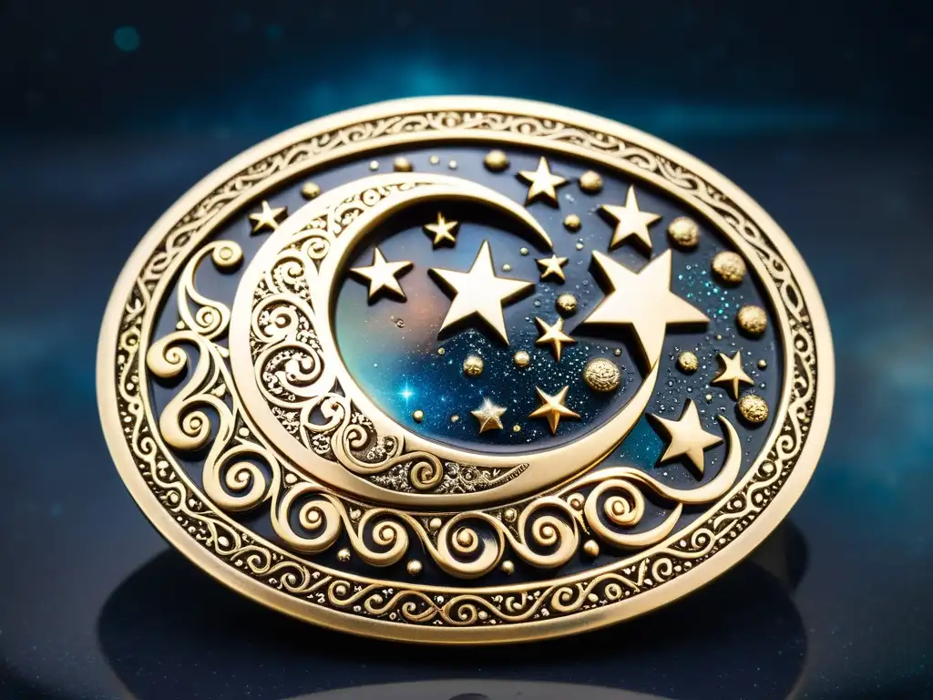 Hebilla de cinturón vintage con motivos celestiales, incluyendo luna creciente y estrellas sobre galaxias en espiral