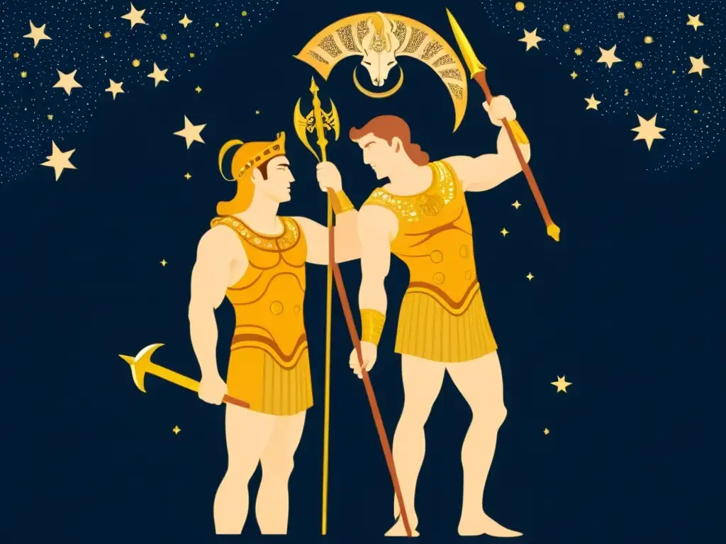 Perseo y Hércules: Epopeya Mitológica Perseus y Hércules, héroes de la mitología, con herencia divina, portando armaduras detalladas, rodeados de estrellas y constelaciones celestiales