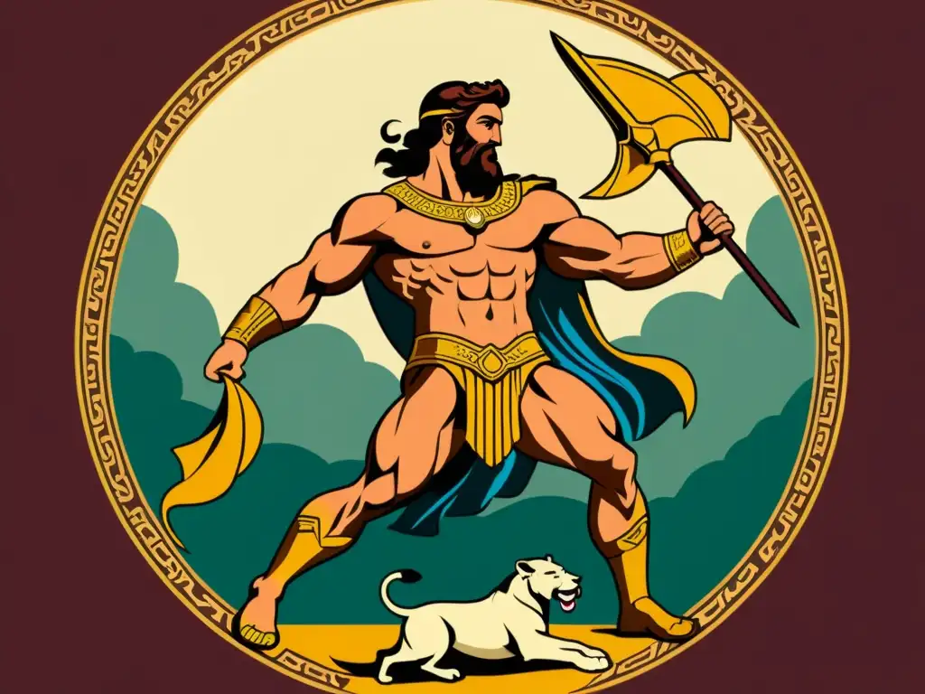 Hércules realizando una de sus doce labores, mostrando su poderosa figura en una atmósfera mítica