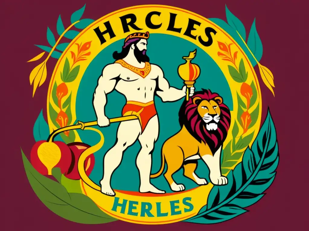 Hércules supera sus doce trabajos, mostrando fortaleza en mitología con el león de Nemea, las cabezas de la Hidra y las manzanas doradas de las Hespérides en una ilustración vintage de colores vibrantes