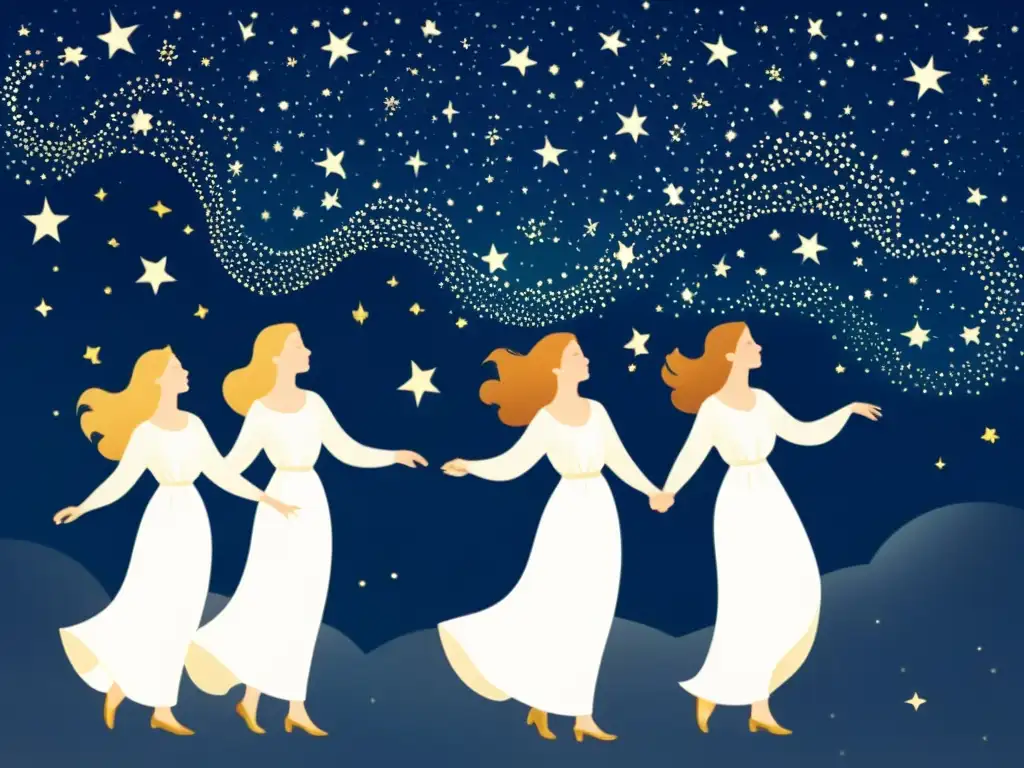 Siete hermanas de las Pléyades danzan en el cielo estrellado, evocando festivales primavera y la unión de la hermandad celestial