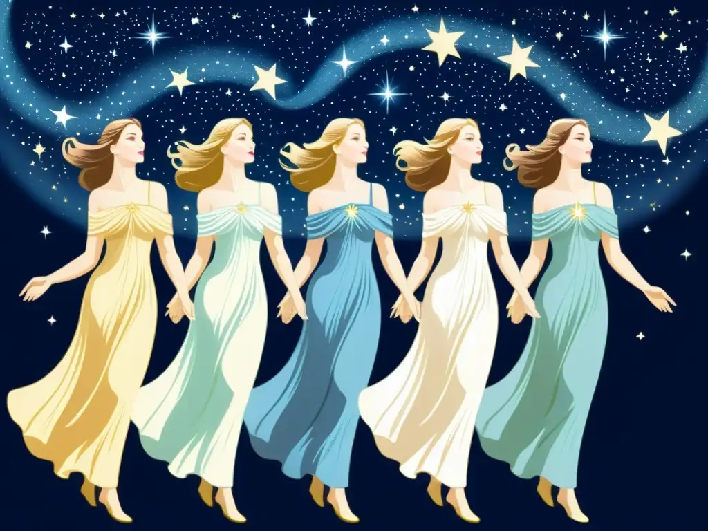 Ilustración vintage de las siete hermanas de las Pléyades, figuras etéreas rodeadas de estrellas y luz celestial