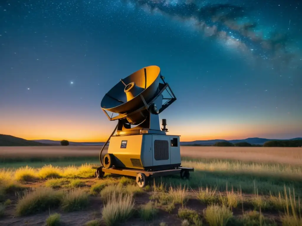 Una hermosa imagen vintage en 8k de un generador de energía portátil en un campo al atardecer, con un telescopio bajo un cielo estrellado