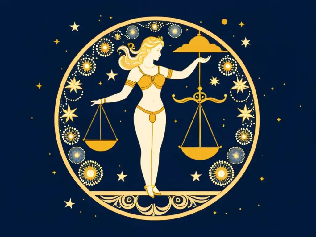 Una hermosa ilustración vintage de la constelación de Libra, representando el equilibrio kármico con detalles intrincados y tonos terrosos