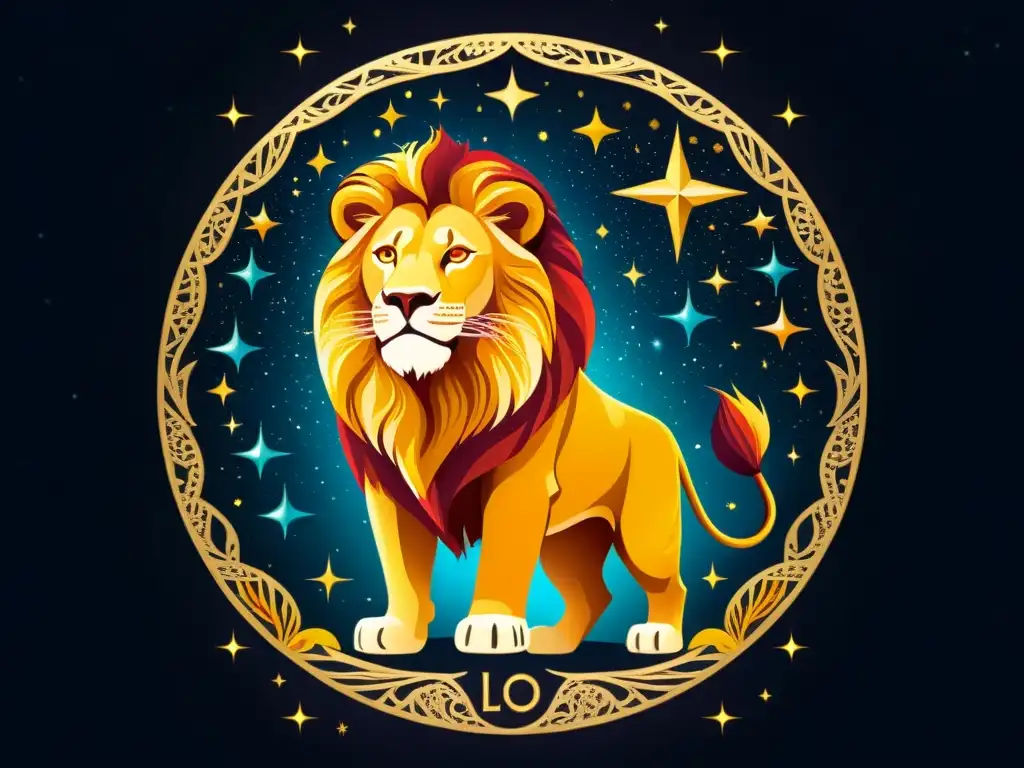 Una hermosa ilustración vintage de la constelación Leo, con un majestuoso león rodeado de estrellas brillantes y elementos celestiales