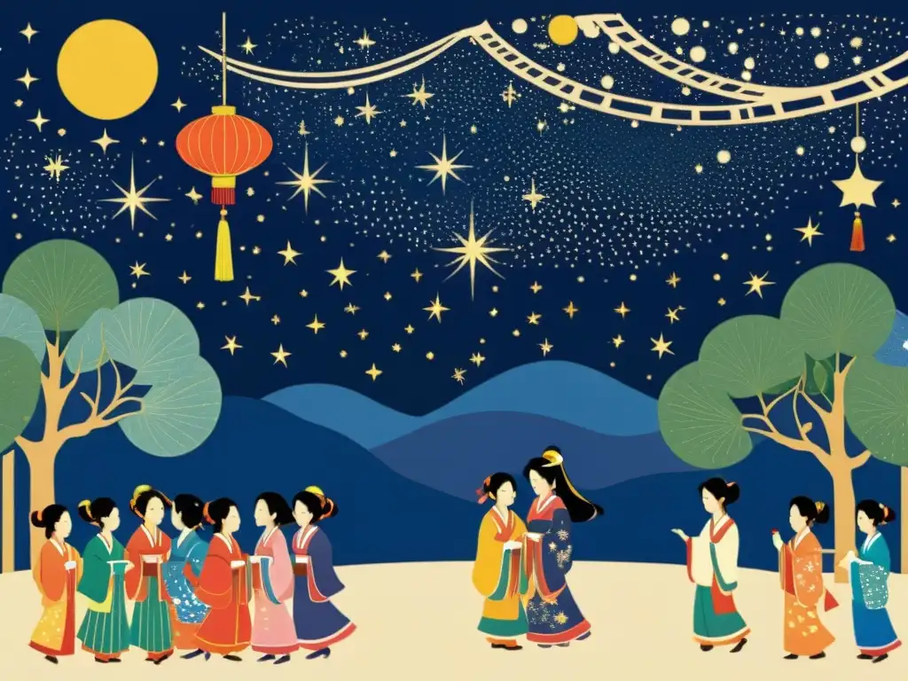 Un hermoso grabado japonés detalla el Festival de las Estrellas en Japón, con Orihime y Hikoboshi en un cielo estrellado