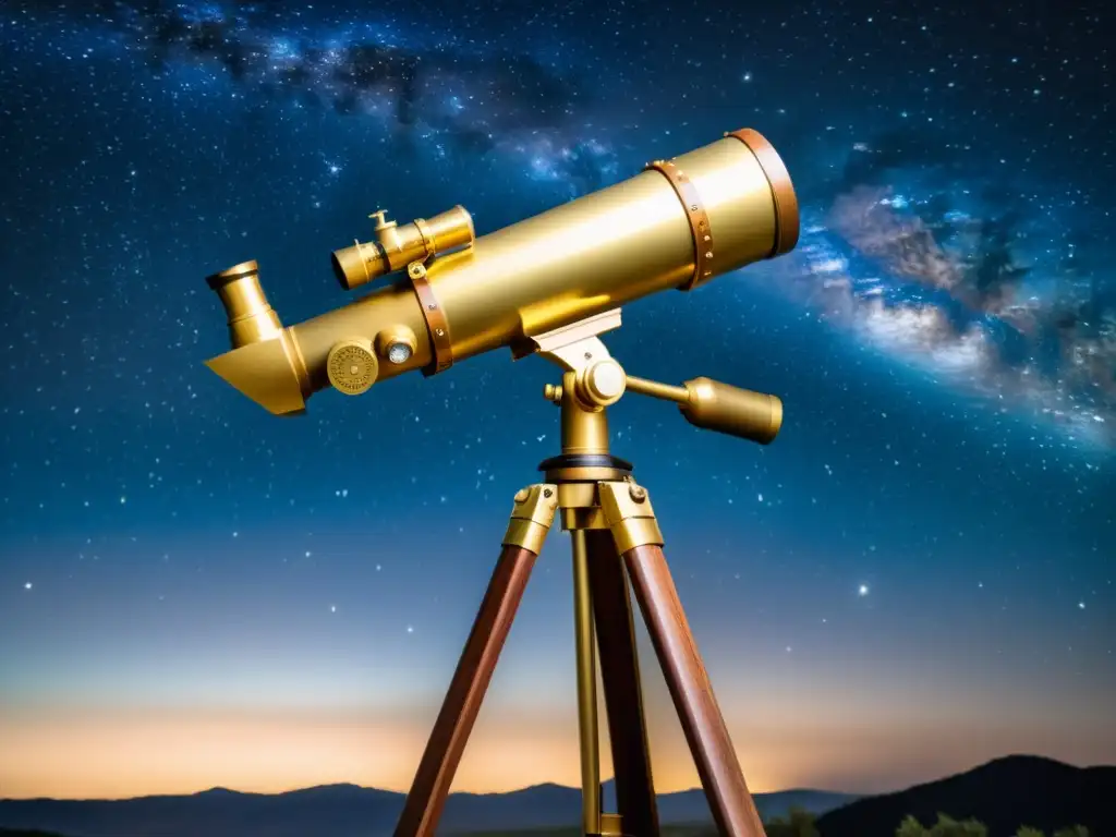 Hermoso telescopio vintage apuntando al cielo estrellado, con constelaciones y la Vía Láctea