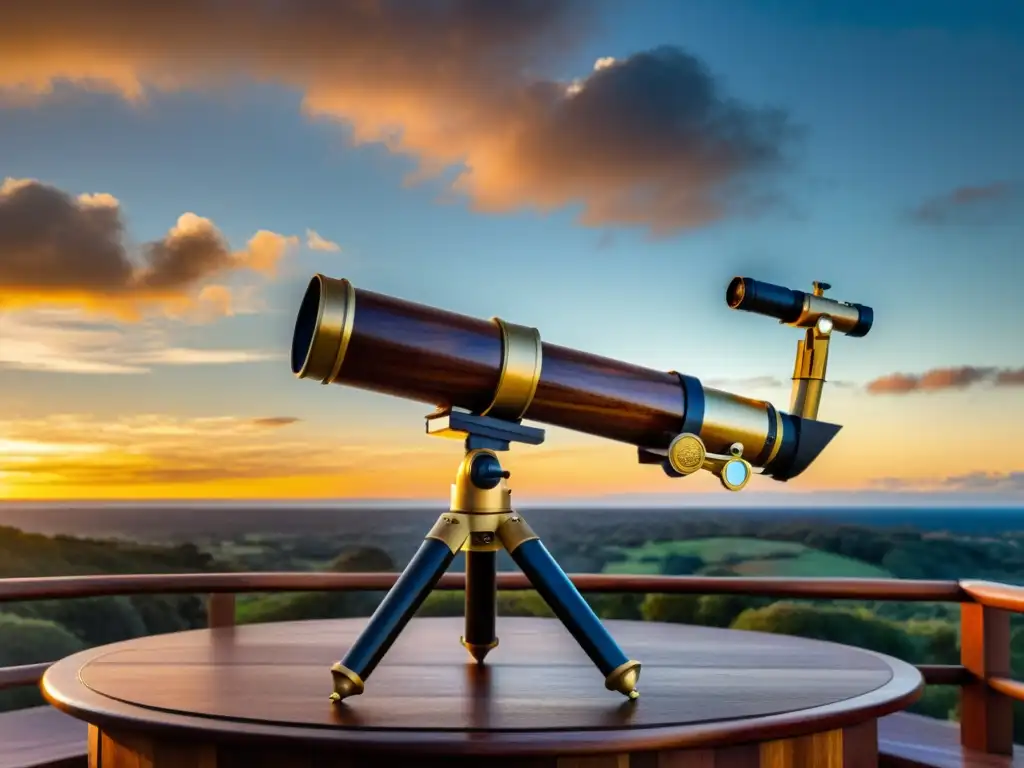 Hermoso telescopio vintage sobre observatorio estelar de madera en atardecer, ideal para herramientas digitales observatorio estelar