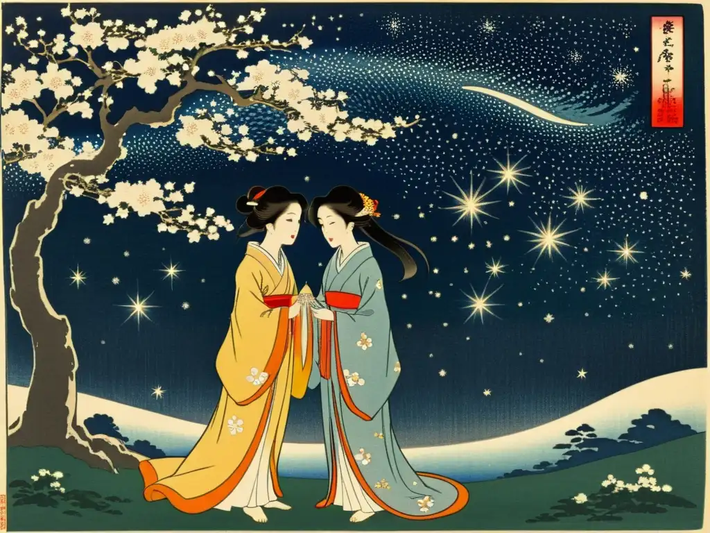 Hikoboshi y Orihime, el romance eterno de la leyenda japonesa, capturado en una impresión de madera vintage