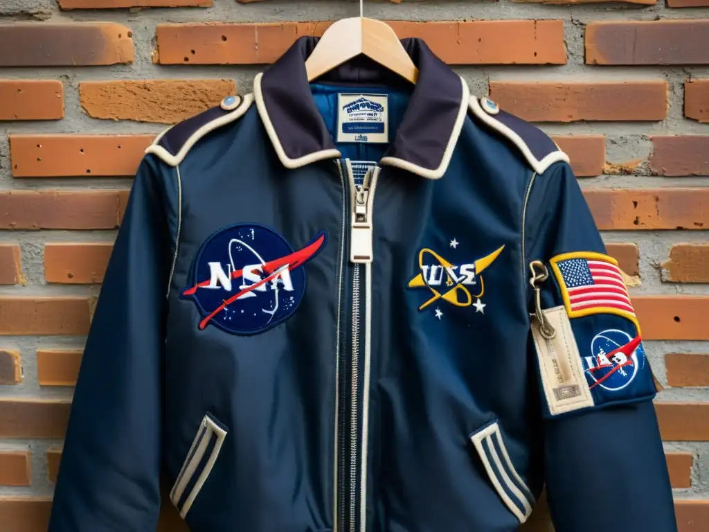 Un icónico estilo astronauta urbano 2021: chaqueta vintage azul colgada en gancho oxidado, contrastando con la pared de ladrillo envejecido