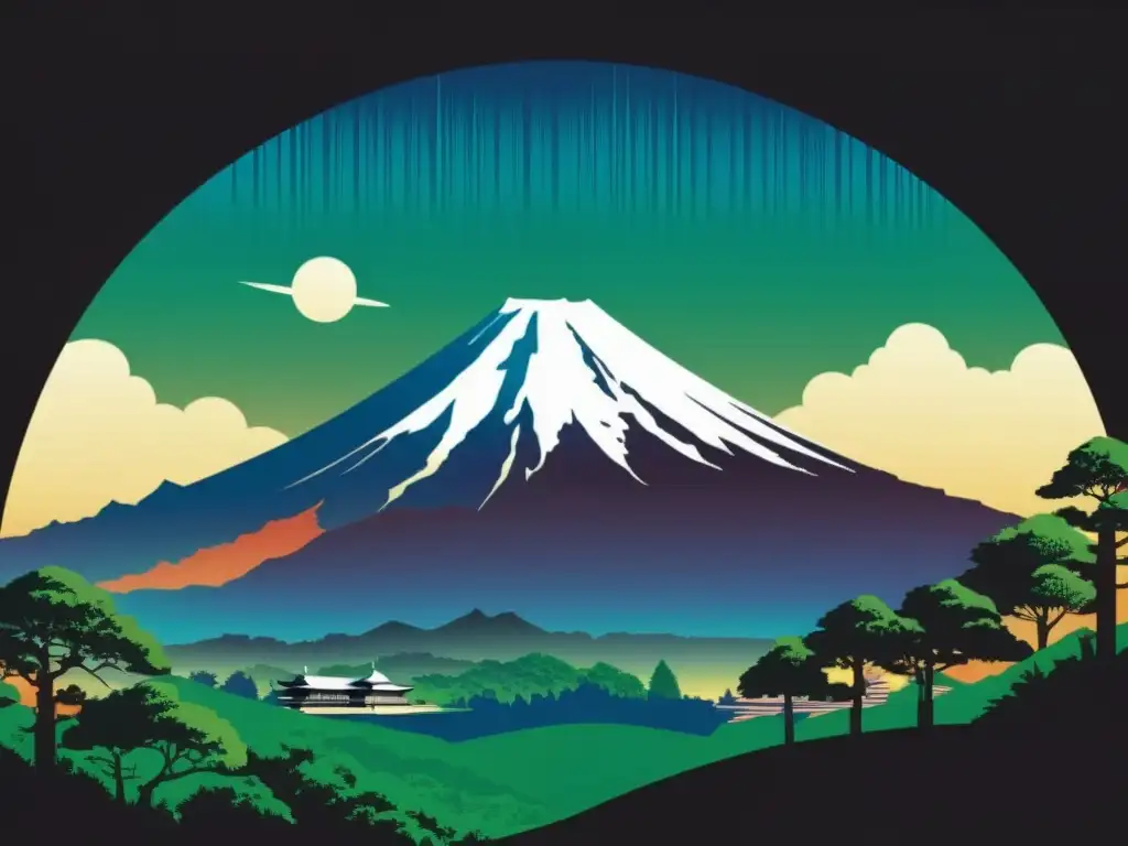 Una ilustración vintage del icónico Monte Fuji en Japón con la inquietante silueta de la Estrella de la Muerte de Star Wars en el cielo