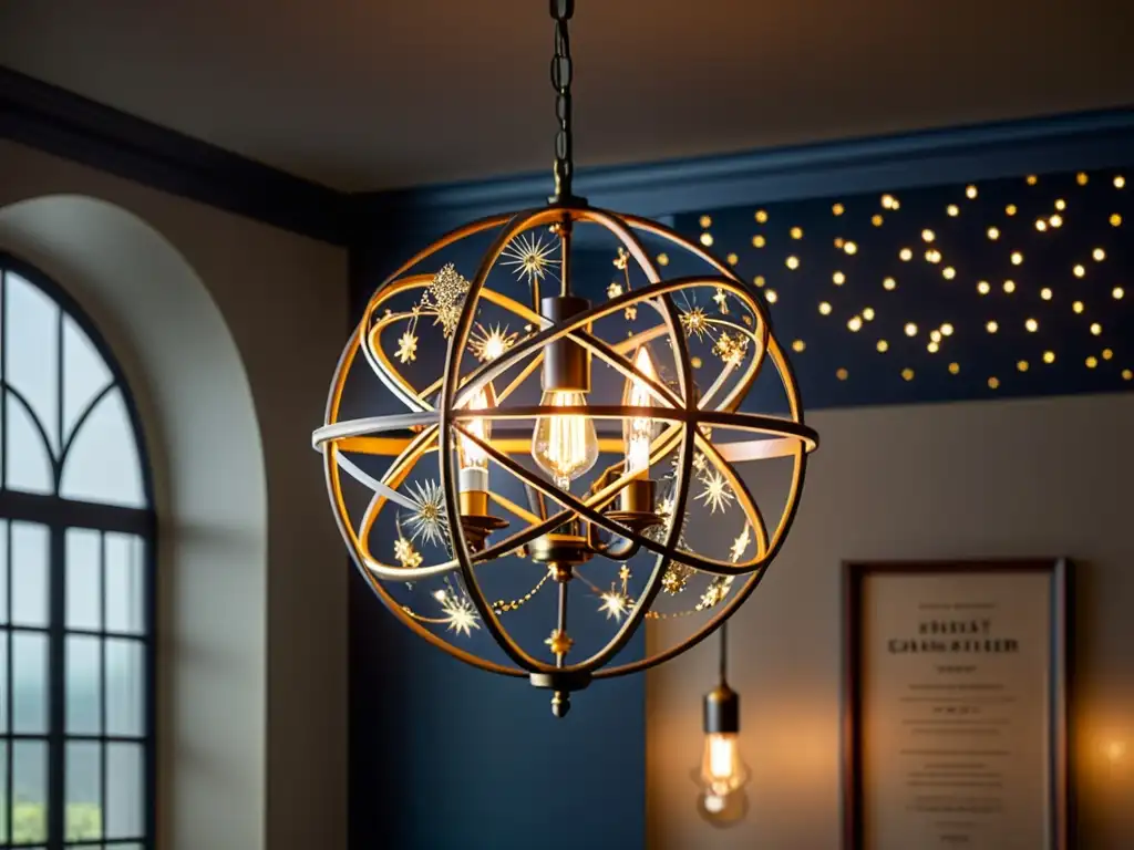 Una iluminación inspirada en constelaciones cósmicas: un candelabro vintage con intrincados detalles metálicos que cuelga de un techo alto en una habitación tenue, iluminando el espacio con un resplandor cálido de bombillas Edison, creando un patrón hipnotizante de est