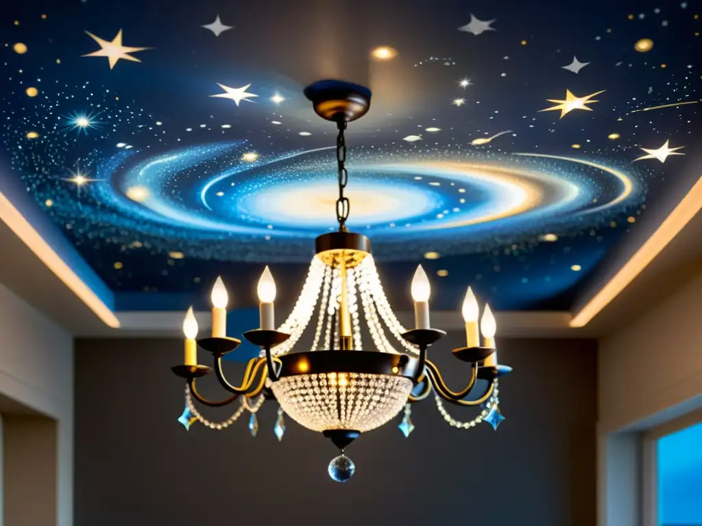 Una iluminación inspirada en constelaciones cósmicas crea un ambiente celestial con un candelabro vintage y un mural celestial en el techo