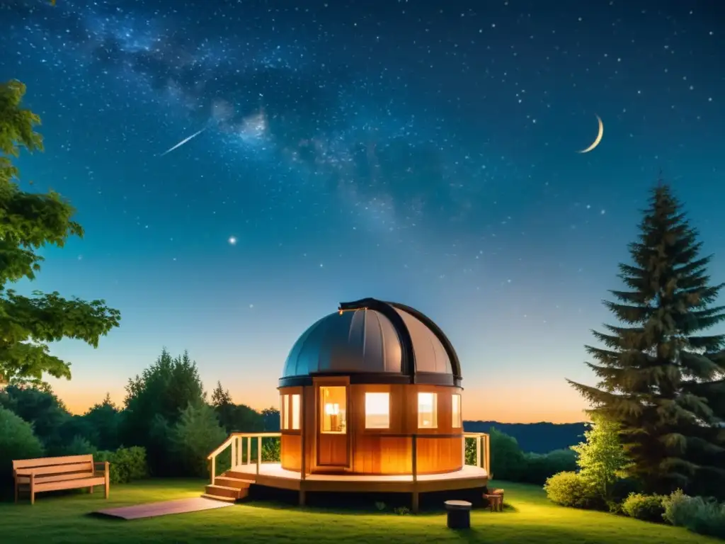 Una ilustración vintage de un acogedor observatorio en el patio trasero con telescopio clásico, rodeado de vegetación y un cielo estrellado