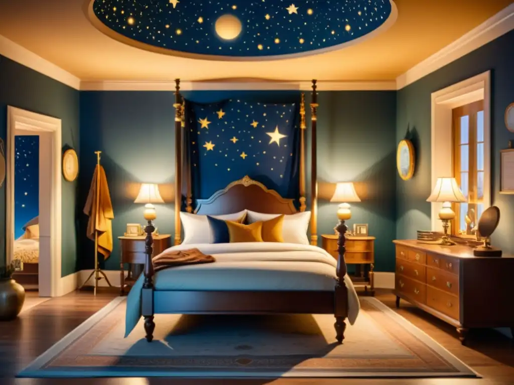 Una ilustración de una acogedora habitación con una cama de dosel adornada con ropa de cama con patrones astronómicos