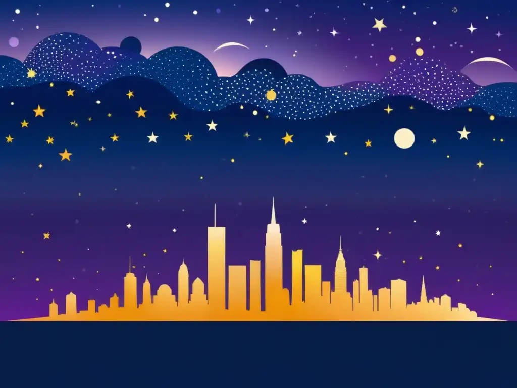 Una ilustración vintage de un animado horizonte urbano nocturno con una impactante contradicción entre la luz dorada de la ciudad y el cielo estrellado