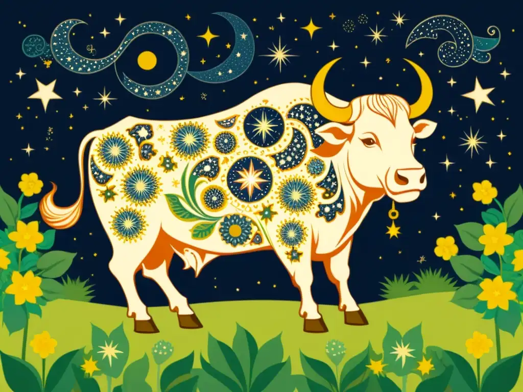 Una ilustración antigua del signo Tauro en astrología: un toro celestial en un exuberante jardín, con constelaciones en el cielo nocturno