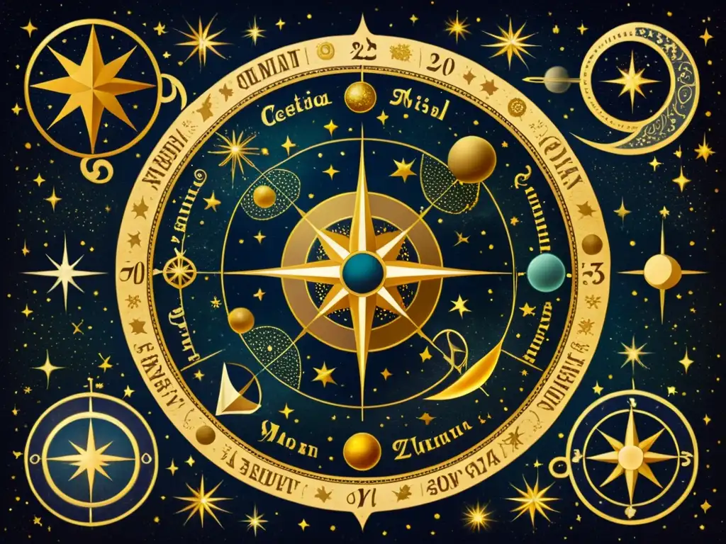 Una ilustración vintage de un antiguo mapa celestial, con constelaciones intrincadas y cuerpos celestes, adornado con detalles dorados