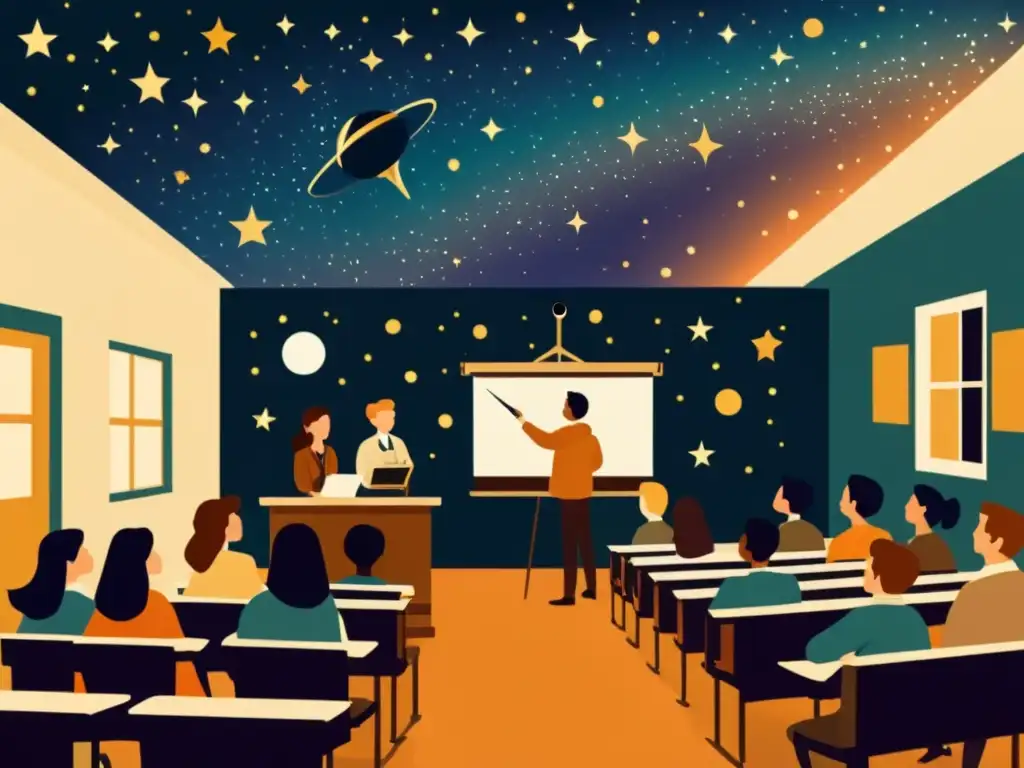 Una ilustración vintage de un aula llena de estudiantes, con un telescopio y proyección del cielo nocturno